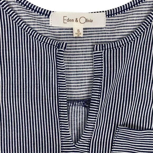 Eden & Olivia size small navy and white striped split neck top with roll sleeves - Picture 4 of 7